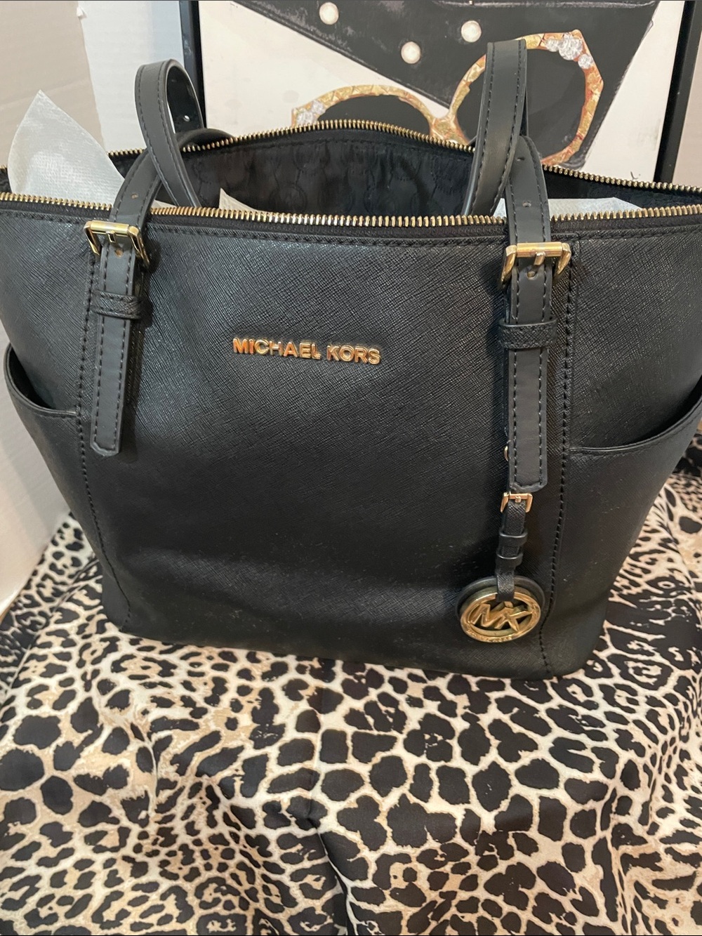 Michael Kors Black  Leather Logo Tote with Gold Hardware